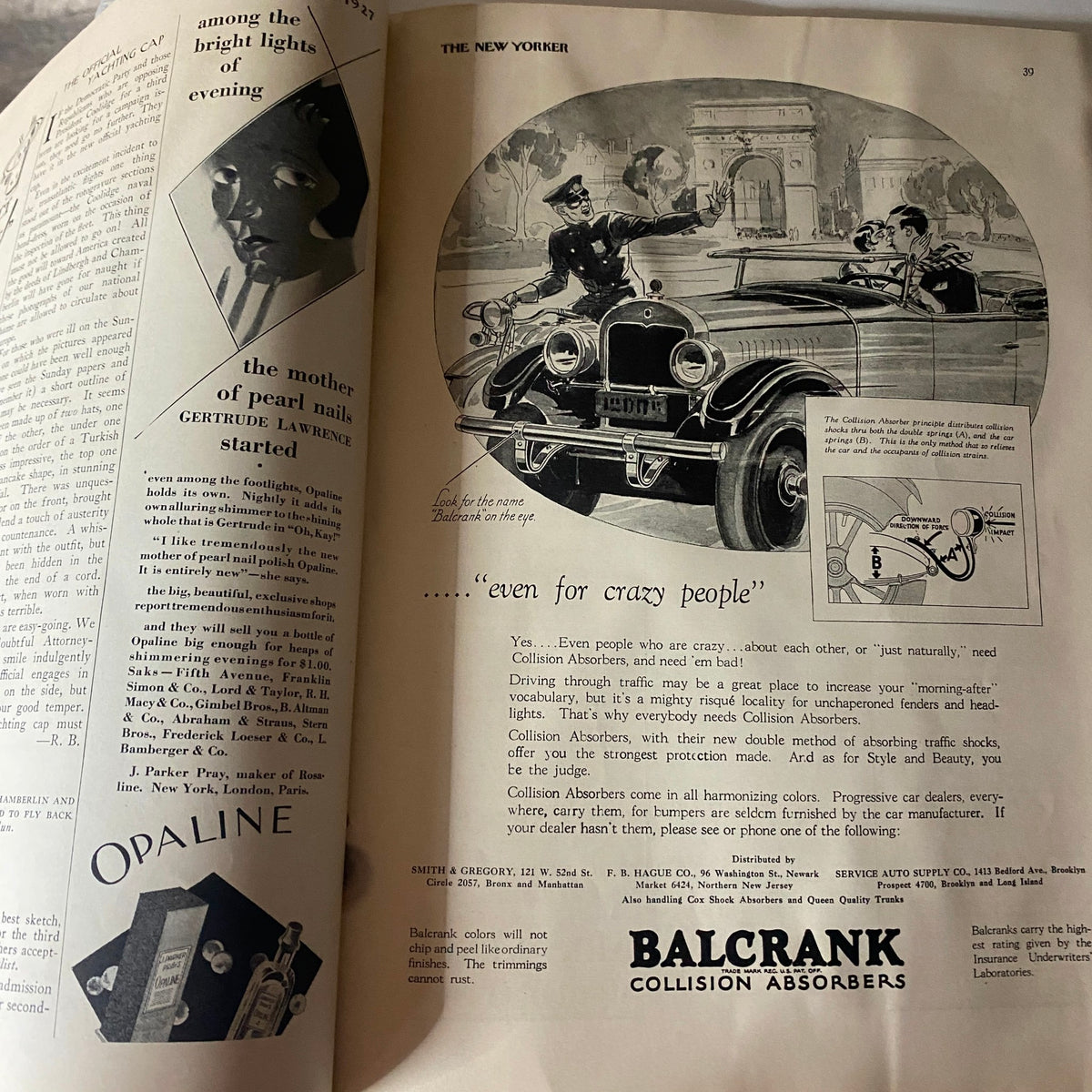 Advertisement in The New Yorker magazine depicting police officers and a vintage car, June 18, 1927 edition by Peter Arno.