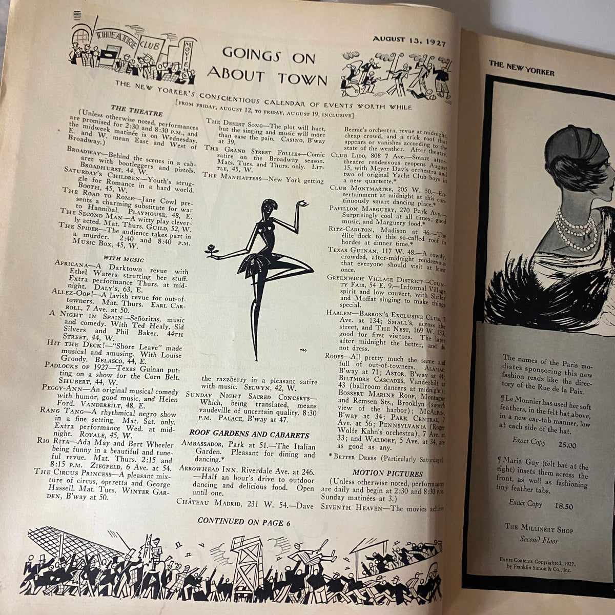Inside page of The New Yorker Complete Magazine August 13, 1927 featuring events calendar and artistic illustration.