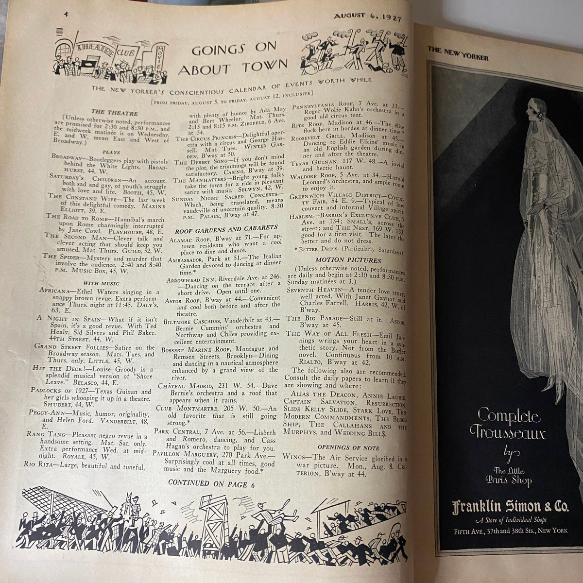 Inside page of The New Yorker Complete Magazine August 6, 1927, featuring the Goings On About Town section illustrating events and theater listings.