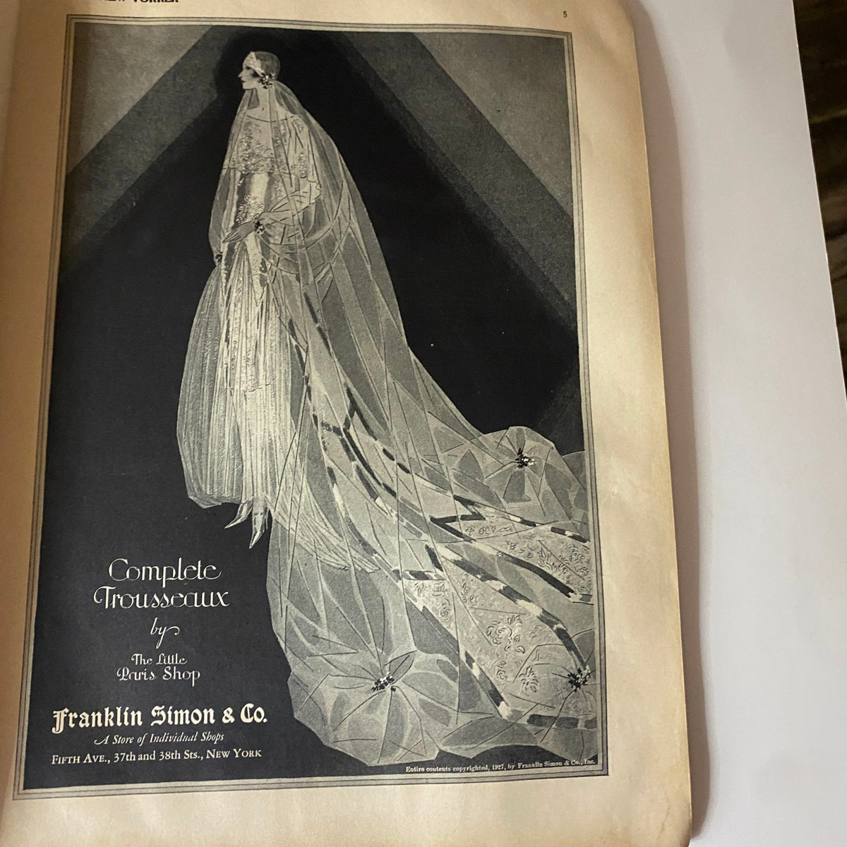 Ad page in The New Yorker Complete Magazine August 6, 1927, showcasing a complete trousseaux advertisement by Franklin Simon & Co.