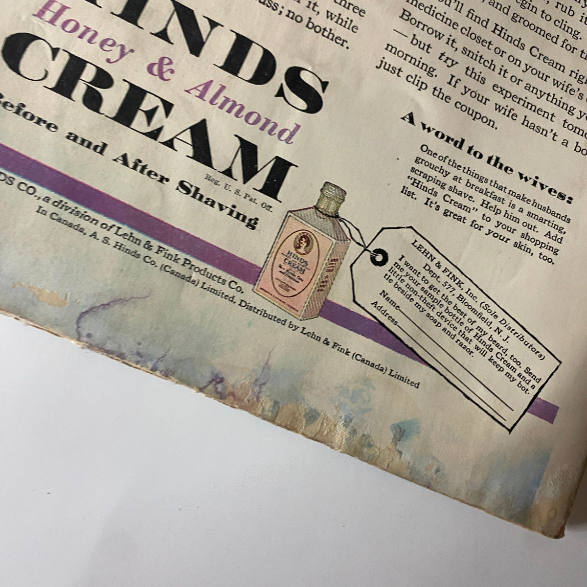 Detail of Hinds Honey & Almond Cream advertisement in The New Yorker Complete Magazine August 6, 1927, featuring product information and a coupon offer.