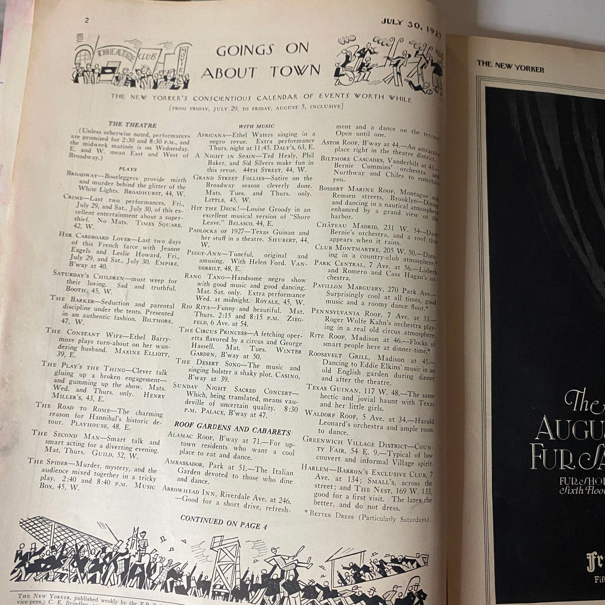 Interior page from The New Yorker Complete Magazine July 30, 1927, displaying the 'Goings On About Town' section, highlighting events and activities.
