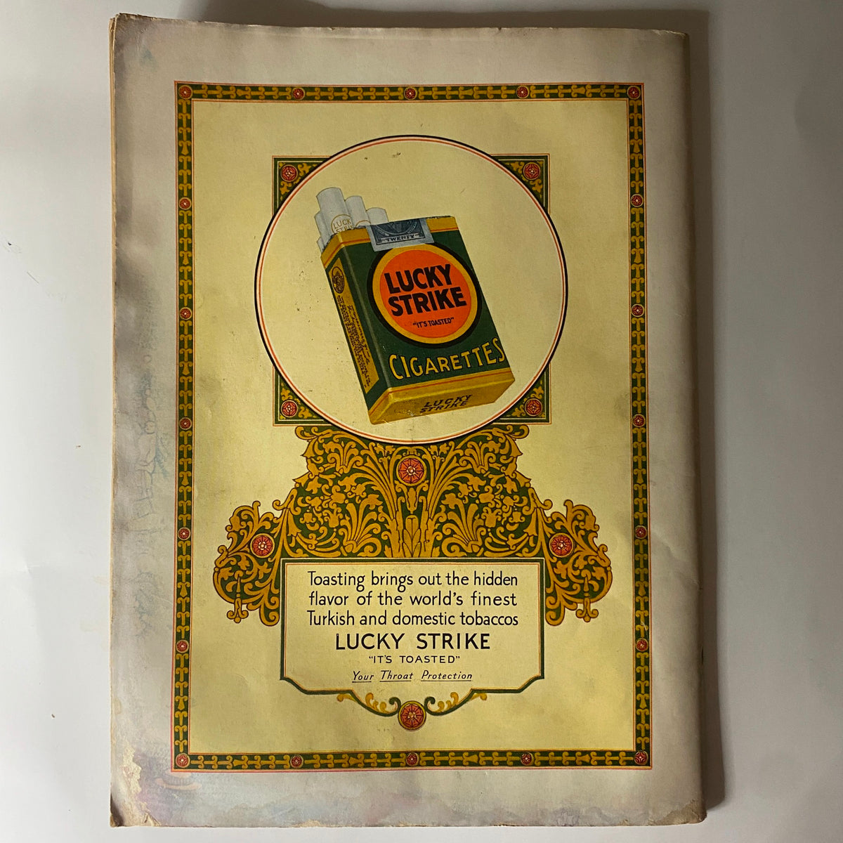 Back cover advertisement in The New Yorker Complete Magazine July 30, 1927, promoting Lucky Strike Cigarettes with an ornate design.