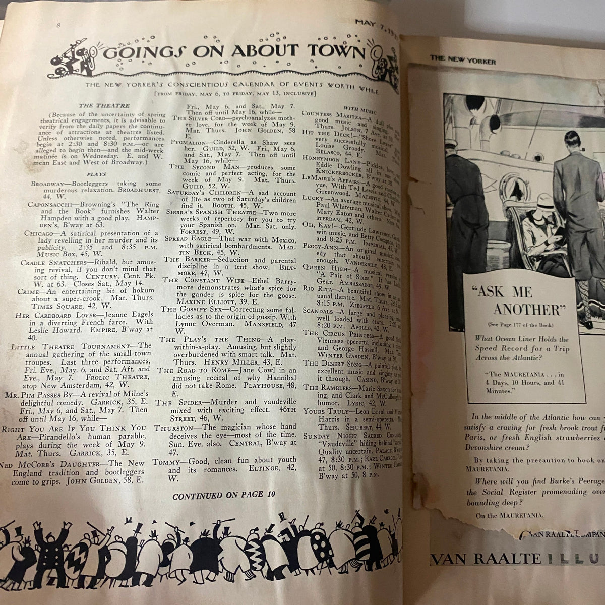 Inside page of The New Yorker Complete Magazine May 7, 1927 showcasing the 'Goings On About Town' section with a vintage layout and text.