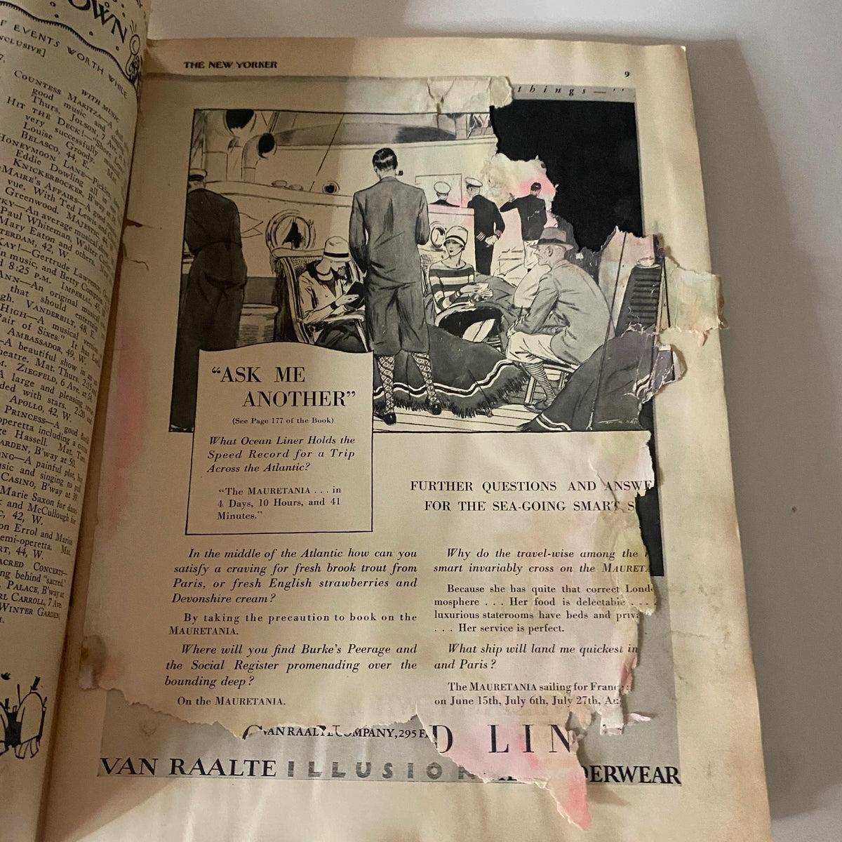 Advertisment from The New Yorker Complete Magazine May 7, 1927 featuring an illustration titled 'Ask Me Another' with early 20th-century graphics and age-related wear.