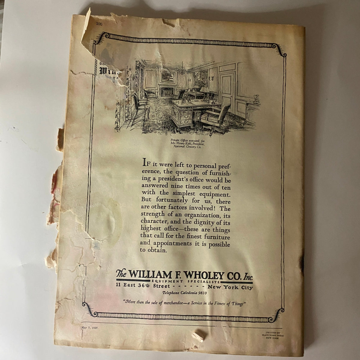 Back page of The New Yorker Complete Magazine May 7, 1927 displaying a vintage advertisement by The William F. Wholey Co. Inc., showing interior design elements typical of the era.