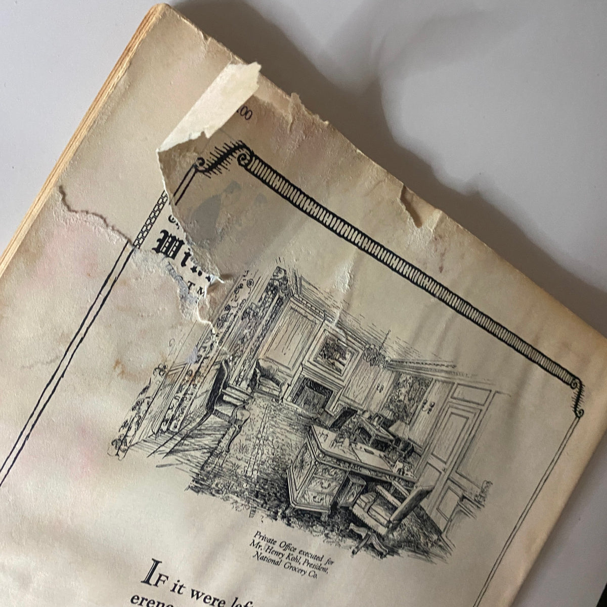 Detail of the back page from The New Yorker Complete Magazine May 7, 1927, highlighting an illustration of a presidential office interior with signs of aging and wear.