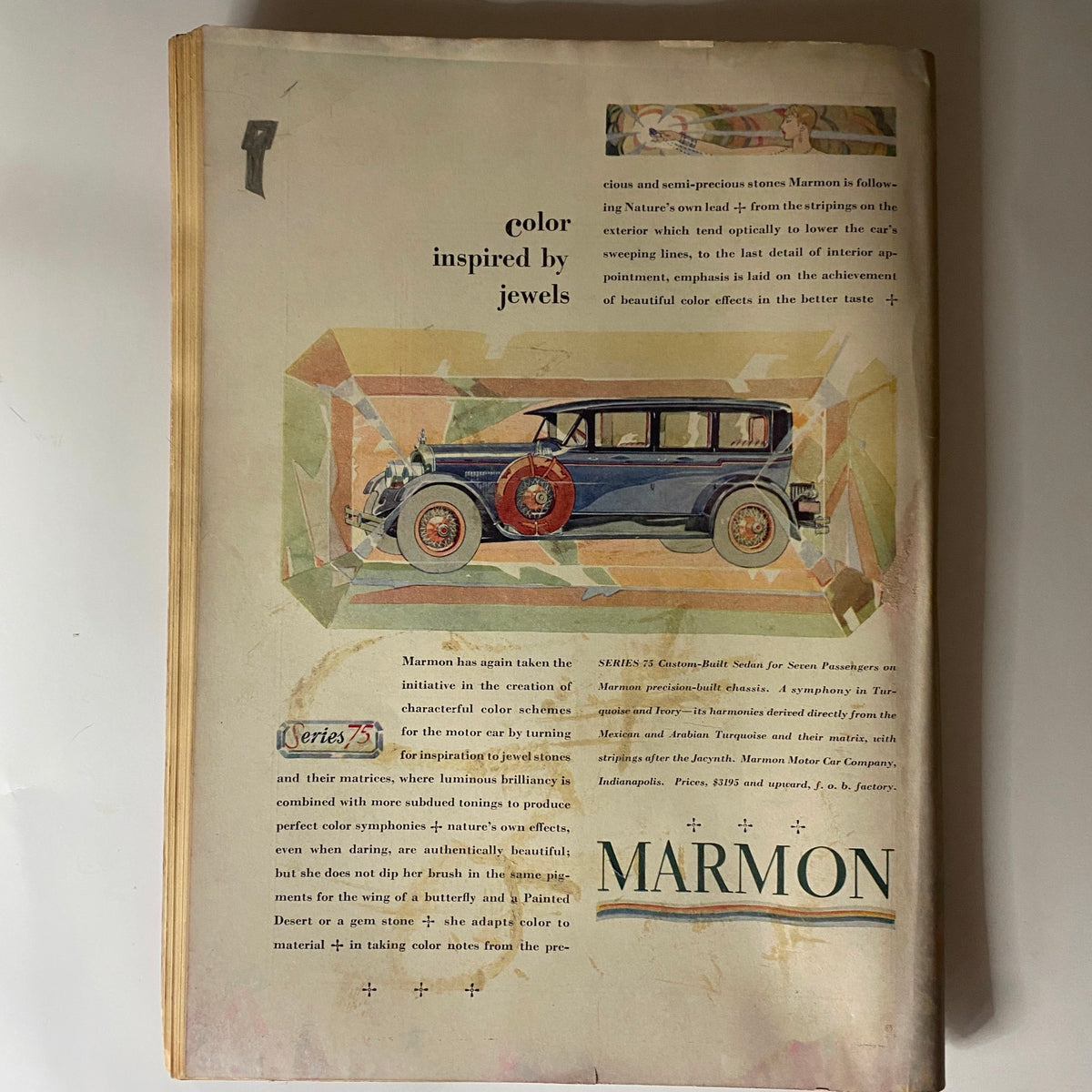 Back cover of The New Yorker Complete Magazine September 17, 1927 featuring an advertisement for Marmon automobiles, showcasing vintage design and artistic elements.