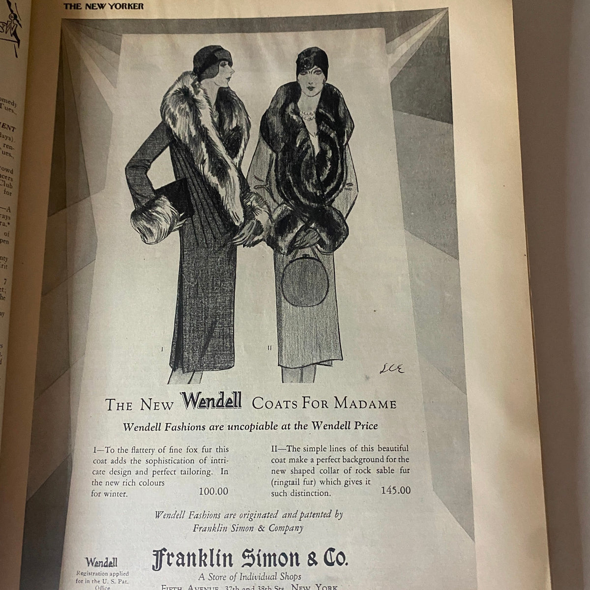Advertisement from The New Yorker Complete Magazine September 24, 1927 featuring Wendell Coats for Madame, highlighting fashion trends of the 1920s.