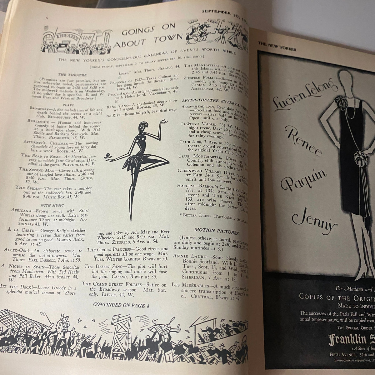 Page from The New Yorker September 10, 1927 featuring Goings On About Town and illustrations promoting theater and film events.