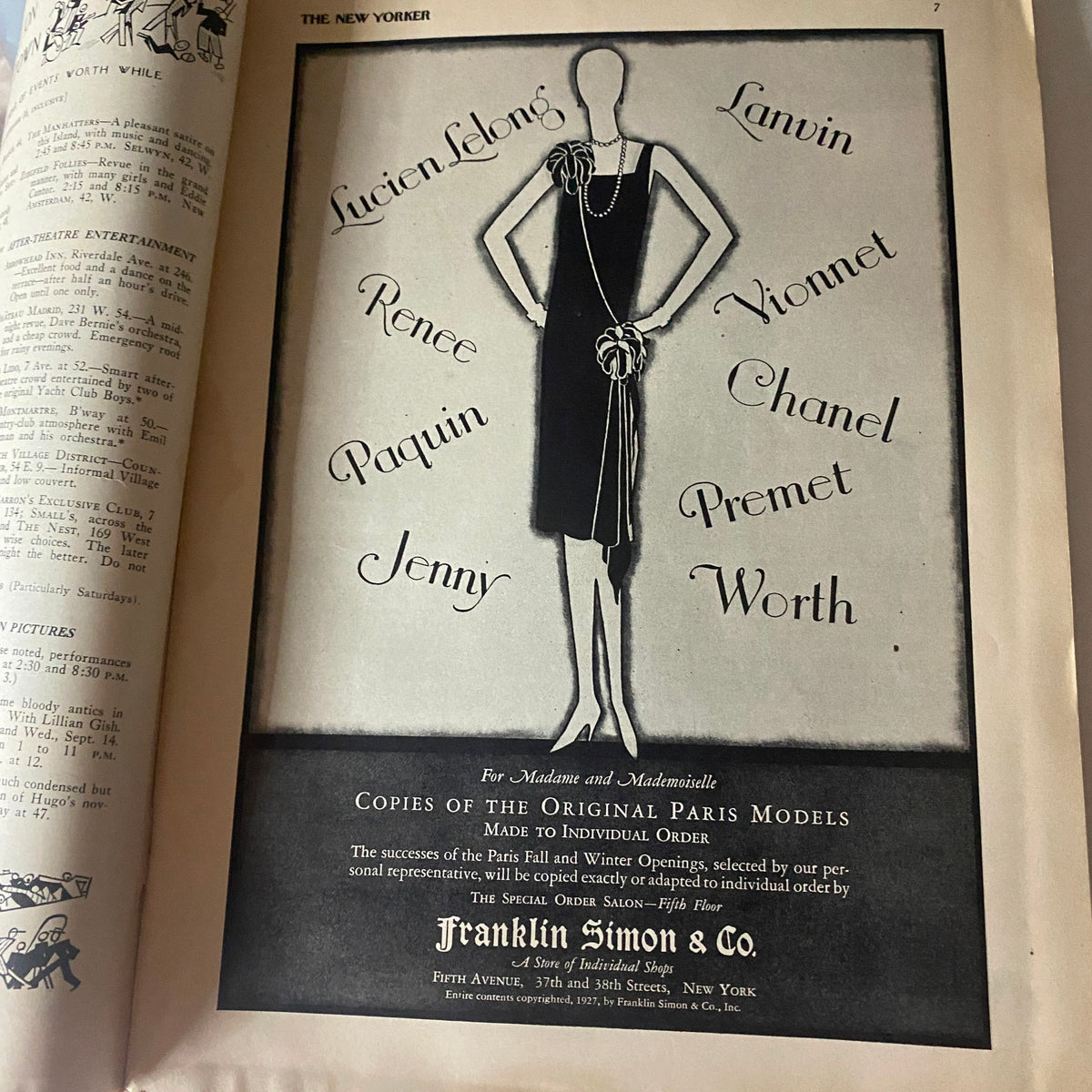 Advertisement from The New Yorker September 10, 1927 showcasing fashion designs by Lucien LeLong, Lanvin, and Chanel for Franklin Simon & Co.