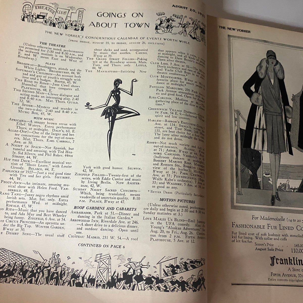 Inside pages of The New Yorker magazine from August 20, 1927, featuring humorous illustrations and advertisements, showcasing the cultural context of the time with contributions from Helen E. Hokinson.