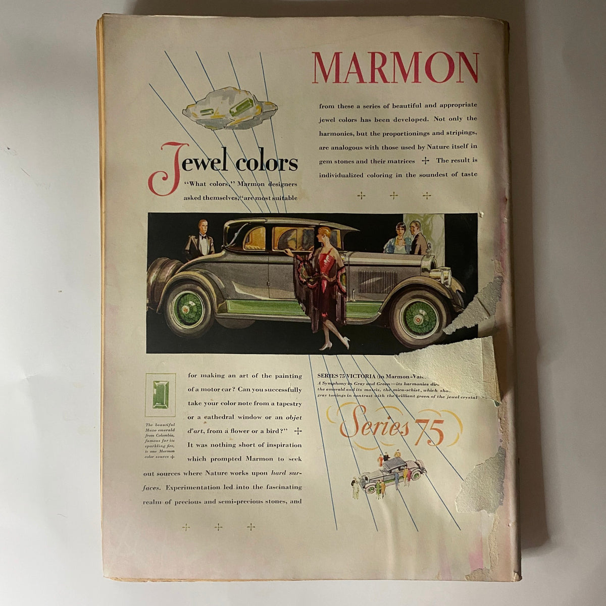 Advertisement for Marmon cars in The New Yorker magazine from August 20, 1927, featuring vintage automotive design elements and vibrant colors, highlighting elegance and luxury of the era.