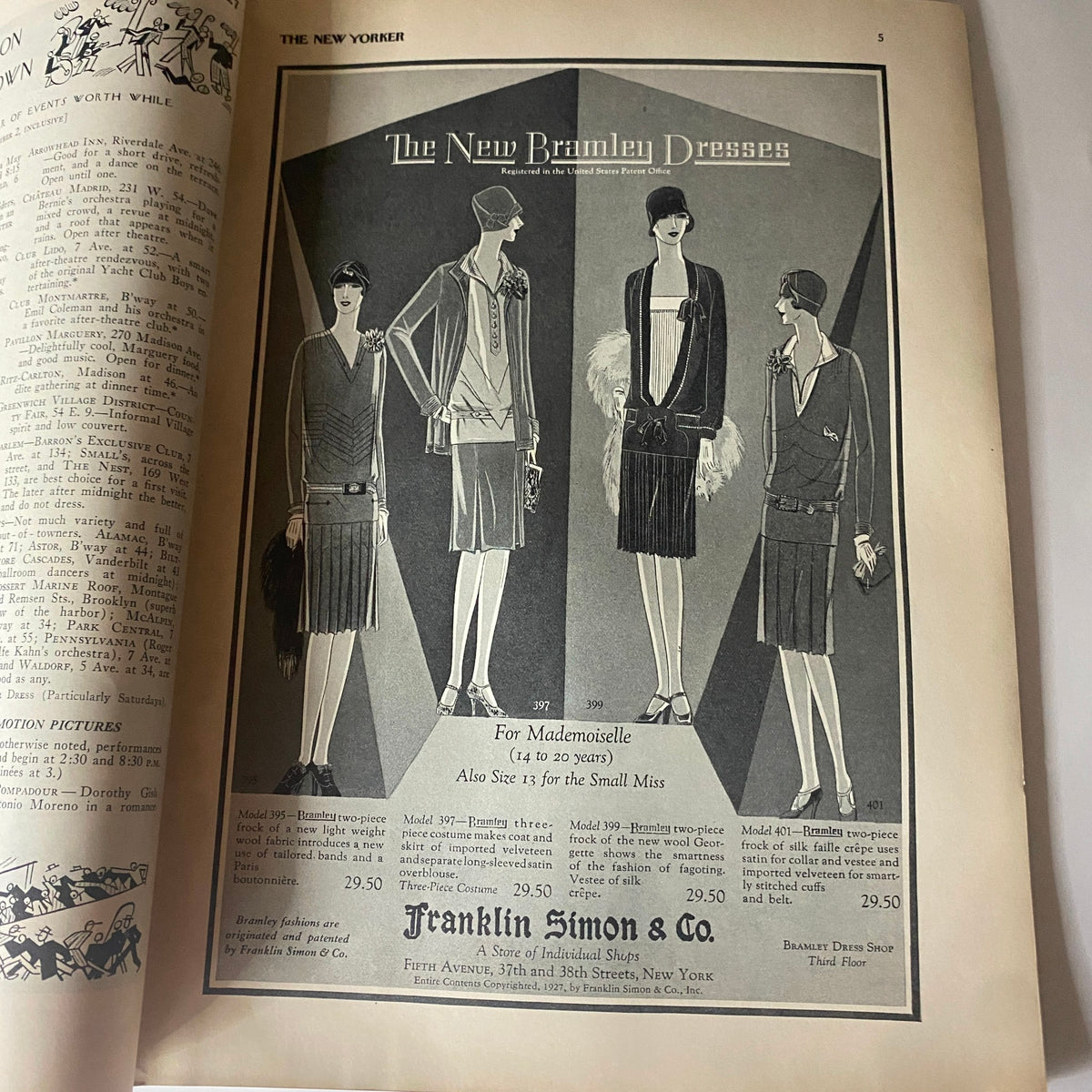 The New Yorker Complete Magazine August 27, 1927 vintage advertisement for 'The New Bramley Dresses' by Franklin Simon & Co., illustrating 1920s fashion trends.