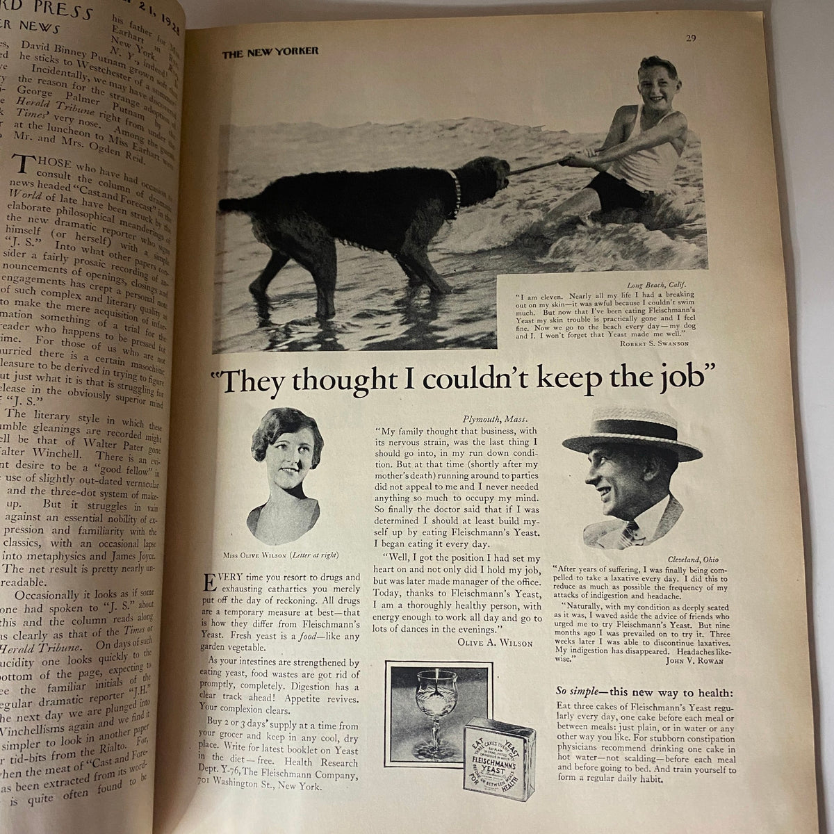 Inside page of The New Yorker Complete Magazine July 21, 1928 showcasing an article with a photograph of a dog playing at the beach, titled 'They thought I couldn’t keep the job'.
