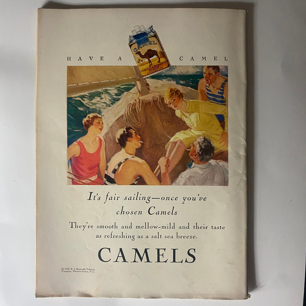 Vintage advertisement from The New Yorker Complete Magazine August 11, 1928 promoting Camel cigarettes, depicting a sailing scene and emphasizing the product's refreshing qualities.