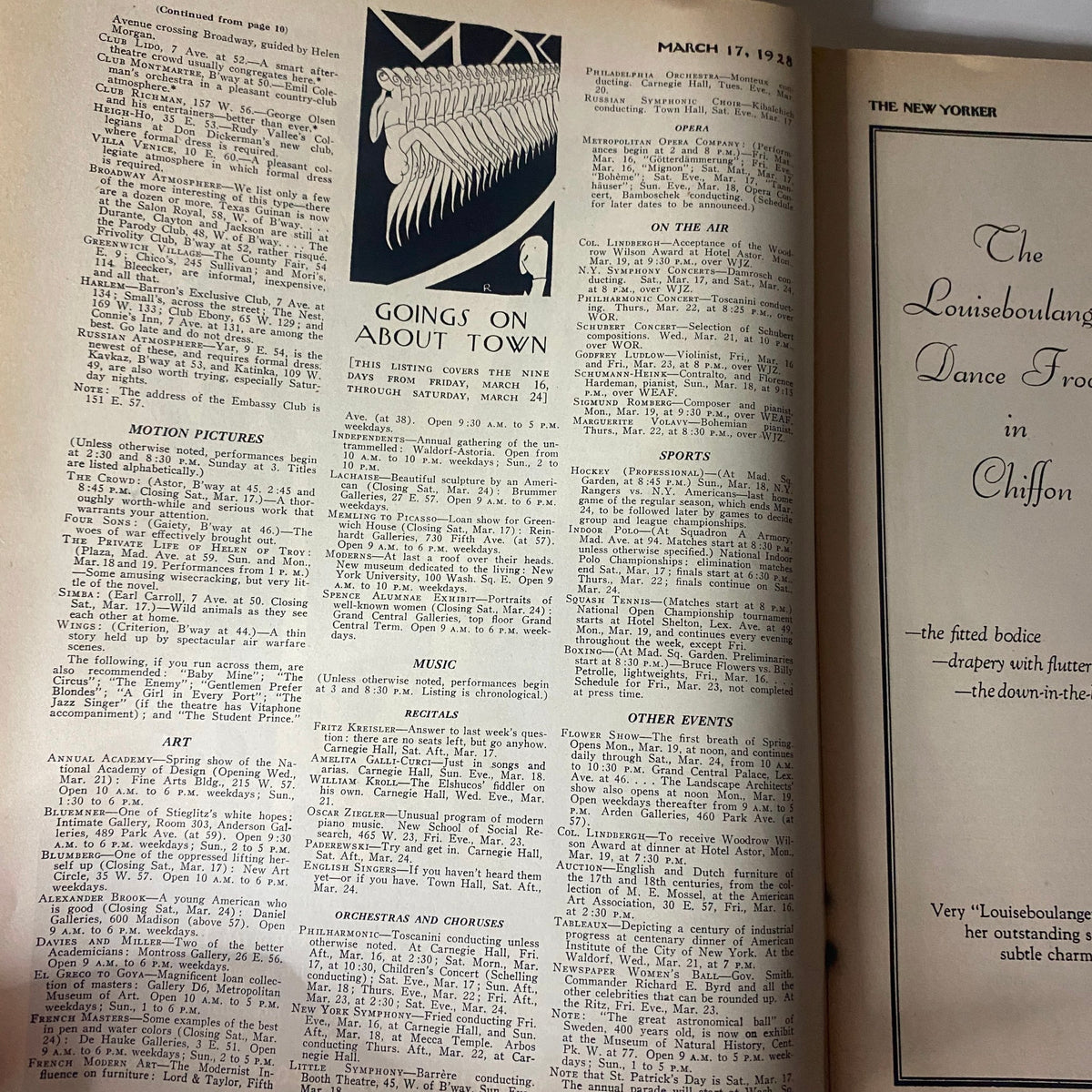 The New Yorker Complete Magazine March 17, 1928 - Page featuring 'Goings On About Town' with detailed listings and illustrations, showcasing cultural events of the late 1920s.