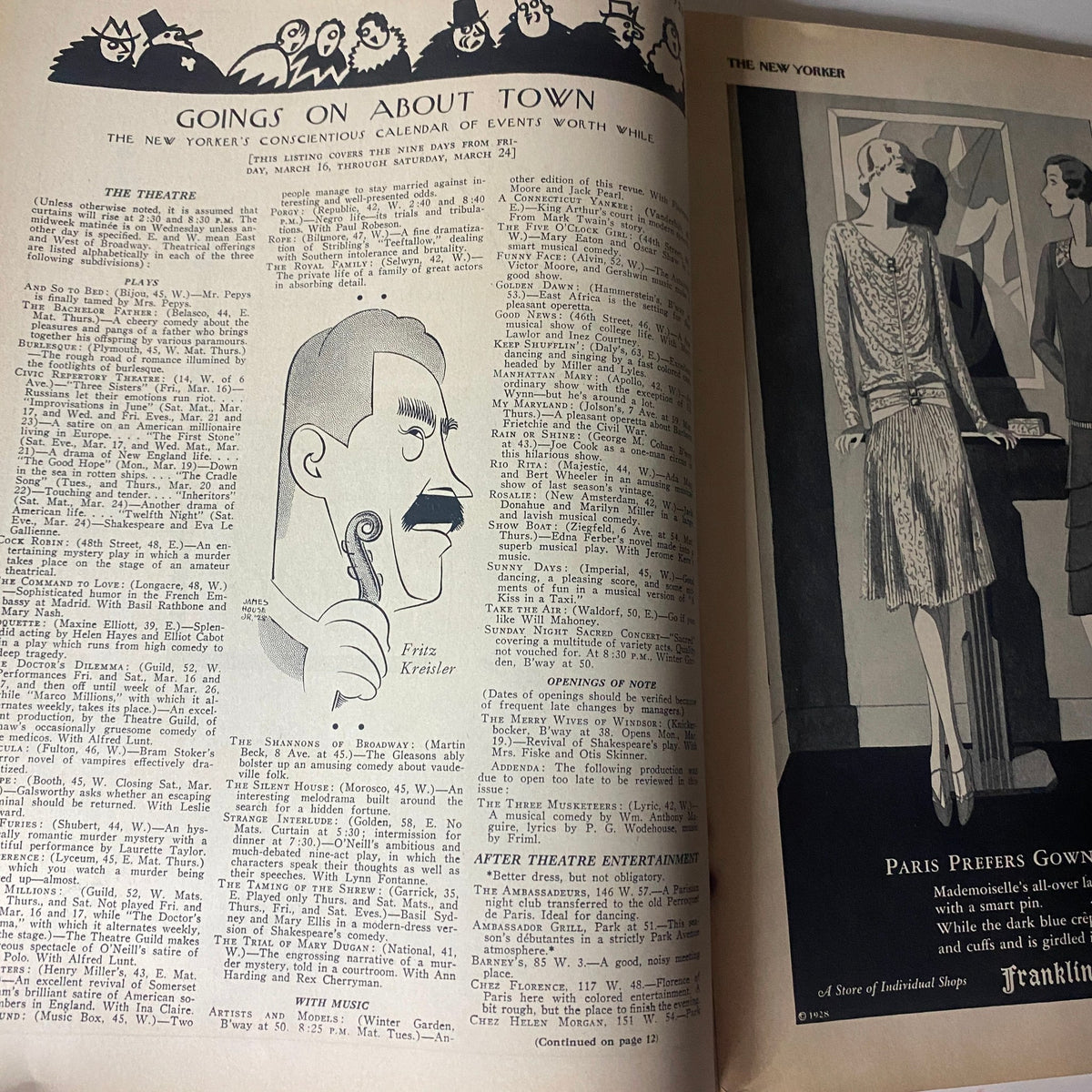 The New Yorker Complete Magazine March 17, 1928 - Open interior page displaying 'Goings On About Town' section with event listings and a caricature by artist Fritz Kreisler.