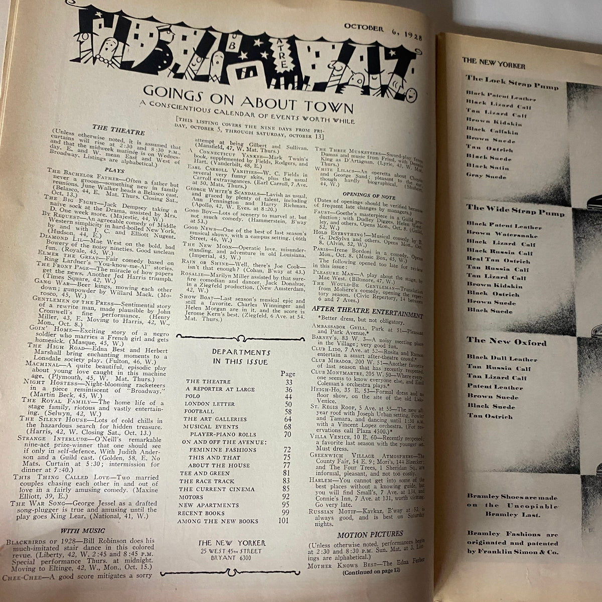 Interior page of The New Yorker Complete Magazine – October 6, 1928 featuring the 'Goings On About Town' section, showcasing events and entertainment listings from the time.