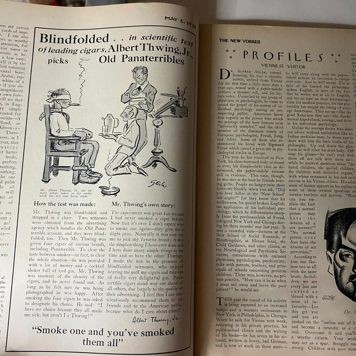 An interior page from The New Yorker Complete Magazine May 5, 1928, featuring an article with an illustration of a man enjoying a cigar, showcasing the vintage style and humor of the publication.