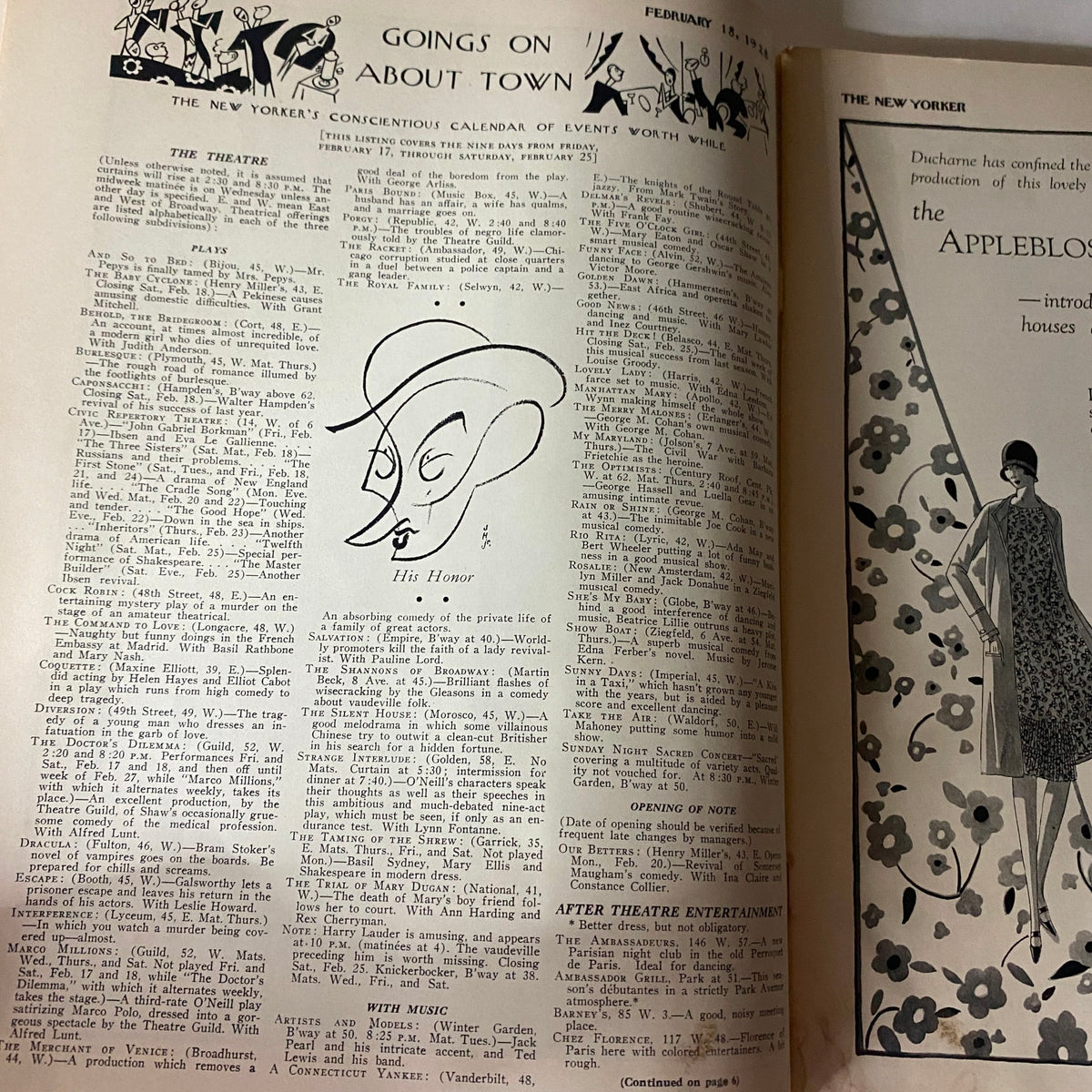 Goings On About Town section from The New Yorker Complete Magazine February 18, 1928, displaying a calendar of events with a distinctive caricature illustration.