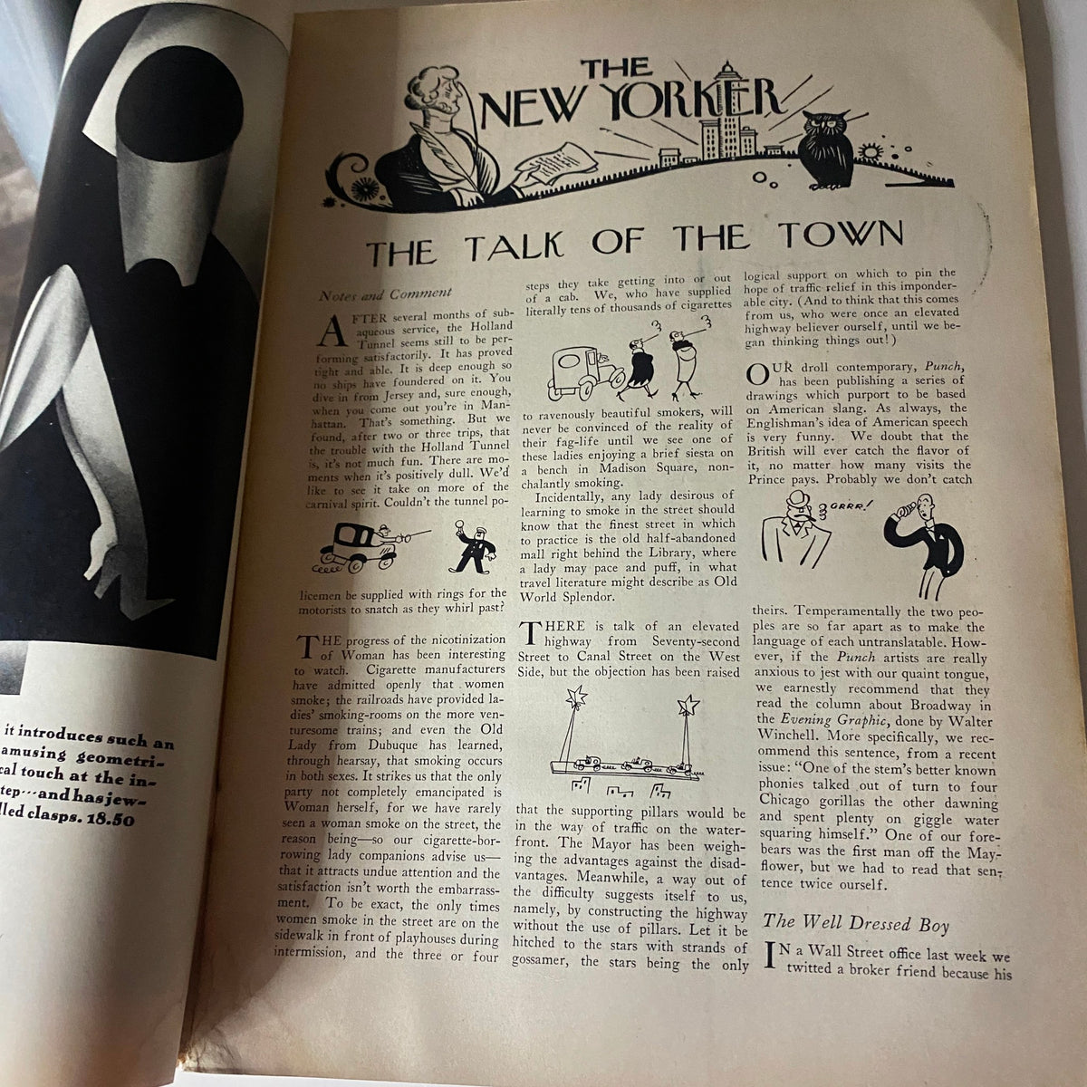The Talk of the Town section from The New Yorker Complete Magazine February 18, 1928, presenting commentary accompanied by unique illustrations on contemporary events and societal insights.