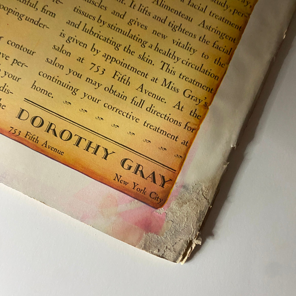 Close-up of the advertisement for Dorothy Gray's astringent from The New Yorker Complete Magazine February 18, 1928, highlighting the unique design and text detailing the skincare product's benefits.