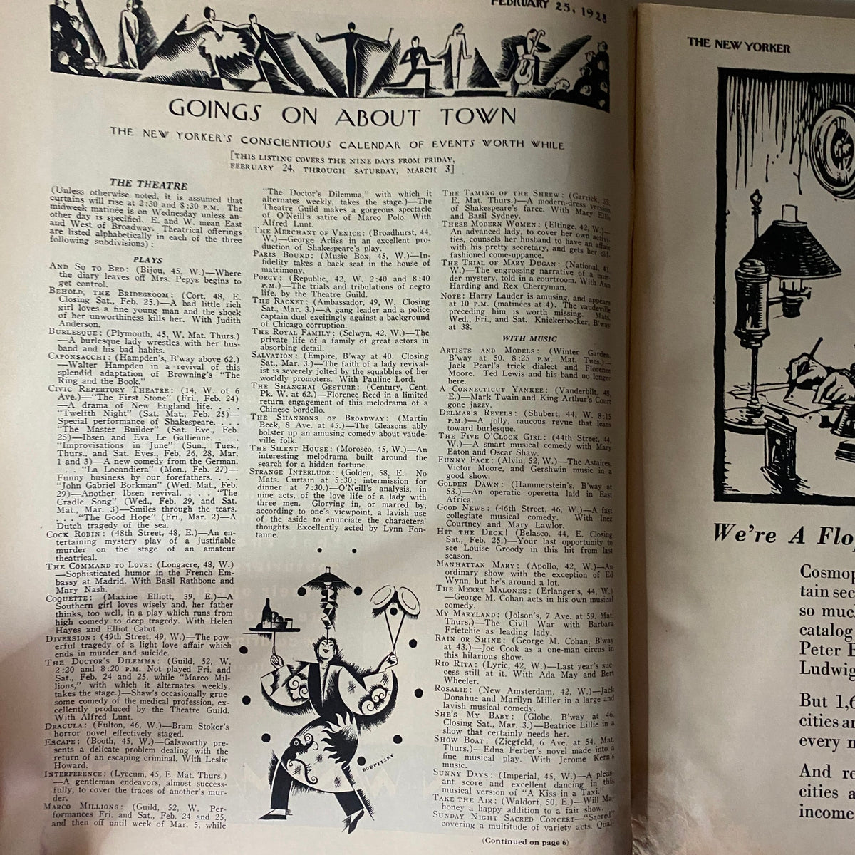 Interior page of The New Yorker Complete Magazine February 25, 1928 featuring events calendar and artistic illustration.