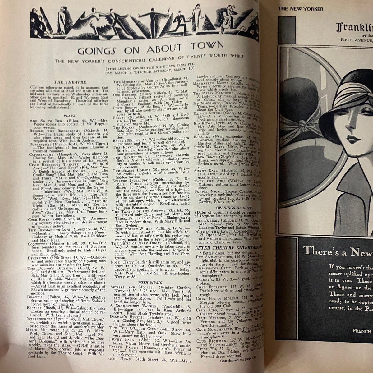 Goings on About Town section of The New Yorker Complete Magazine – March 3, 1928, featuring a theatrical calendar and entertaining events.