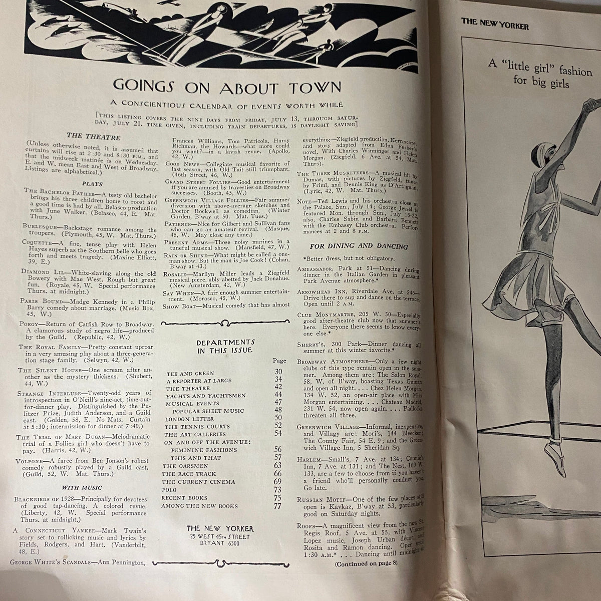 Page from The New Yorker Complete Magazine July 14, 1928, displaying the table of contents and articles including 'Goings on About Town'.
