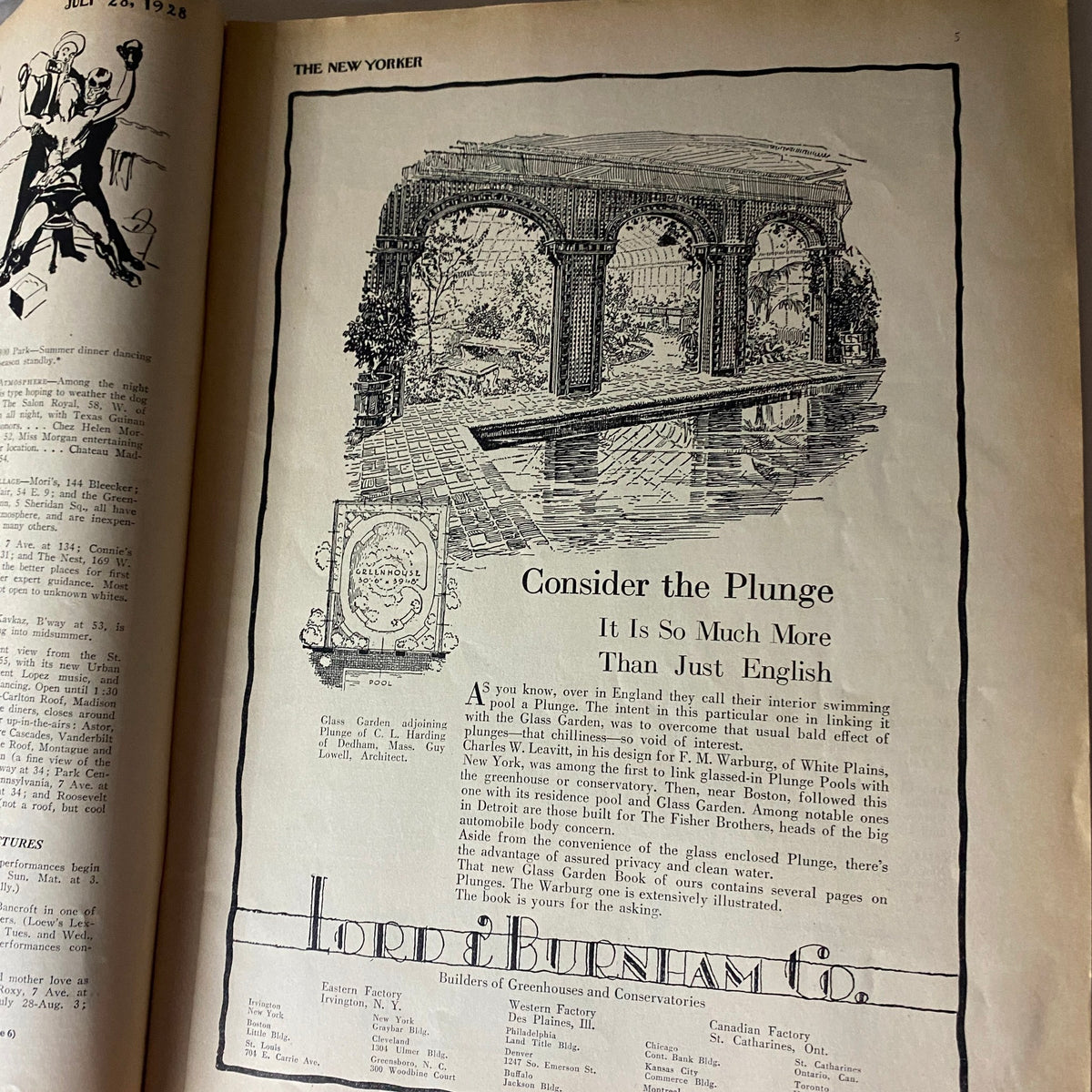 Advertisement page from The New Yorker Complete Magazine July 28, 1928, showcasing Consider the Plunge and promoting Lord & Burnham Co.
