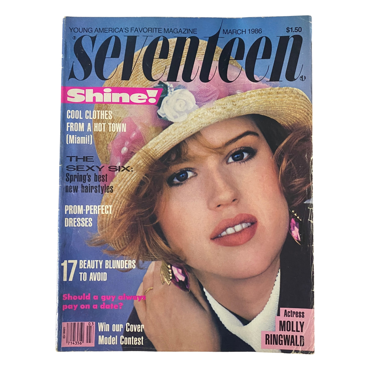 Cover of Seventeen Magazine March 1986 featuring actress Molly Ringwald. The vibrant cover showcases fashion trends, beauty tips, and highlights including '17 Beauty Blunders to Avoid' and 'Prom-Perfect Dresses'.