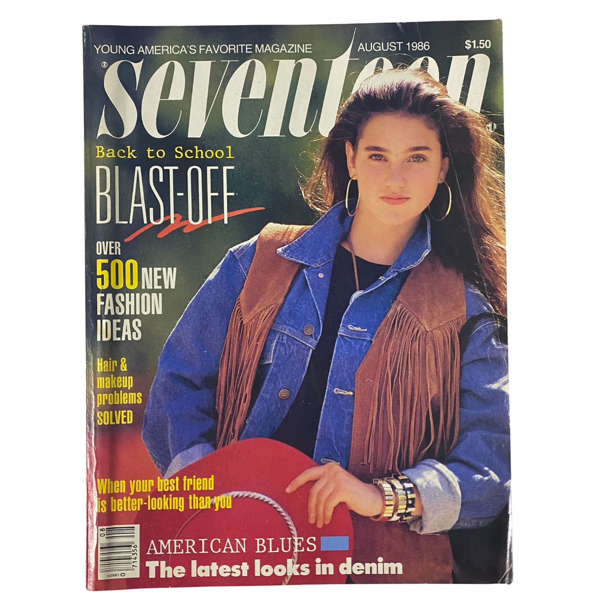 Cover of Seventeen Magazine August 1986 'Back to School Issue' featuring a young girl in a denim fringe jacket and wooden earrings, showcasing vintage 1980s fashion.