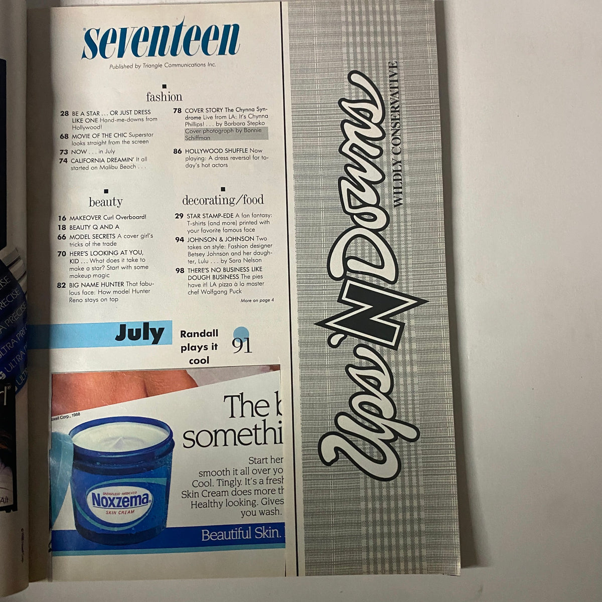 Table of Contents from Seventeen Magazine July 1988 highlighting sections on fashion, beauty, and the feature on The Chynna Syndrome.