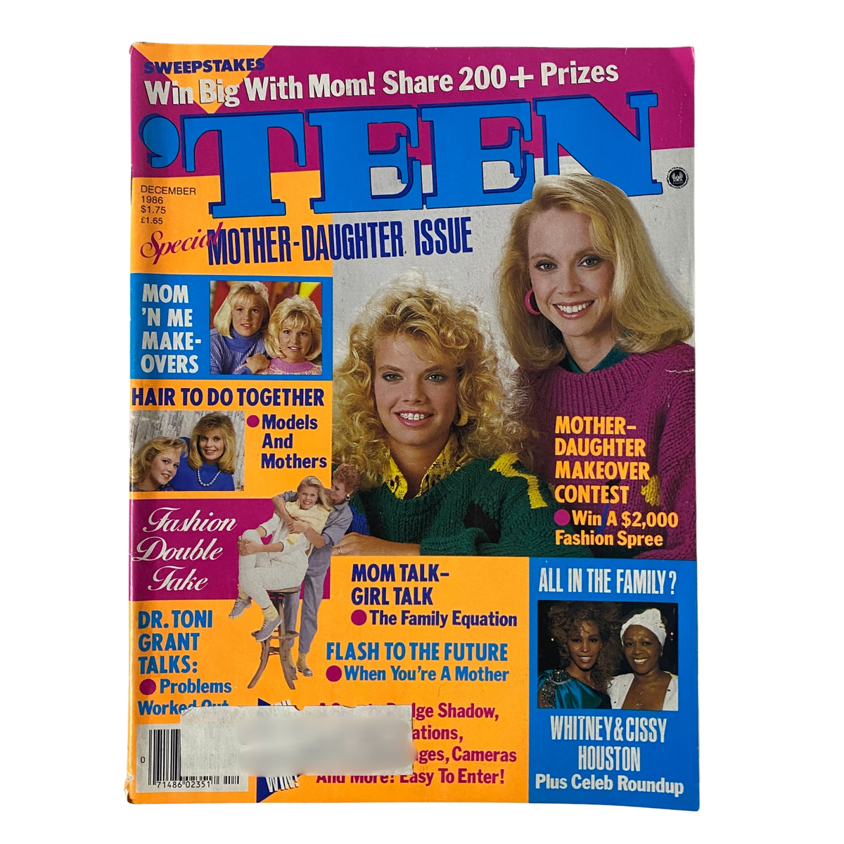 Cover of ’Teen Magazine December 1986 featuring the Mother-Daughter Makeover Contest, with a colorful layout and images of contestants, highlighting fashion and beauty themes.