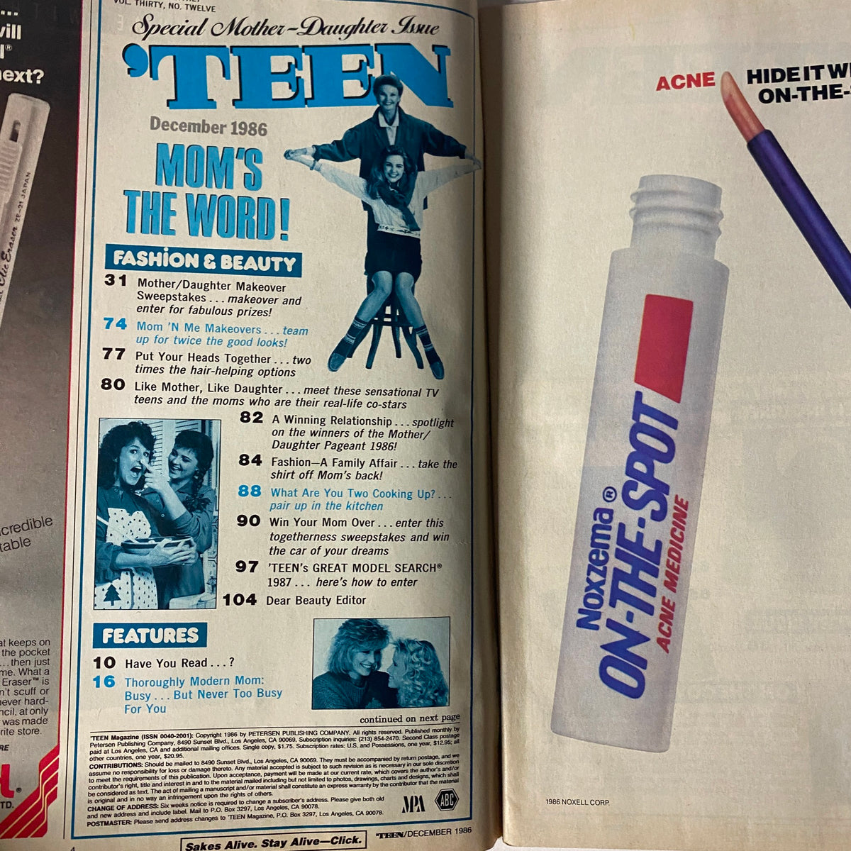 Inside spread of ’Teen Magazine December 1986, showcasing the Mother-Daughter Makeover Contest features with promotional text and advertisements, emphasizing fashion tips and beauty products.