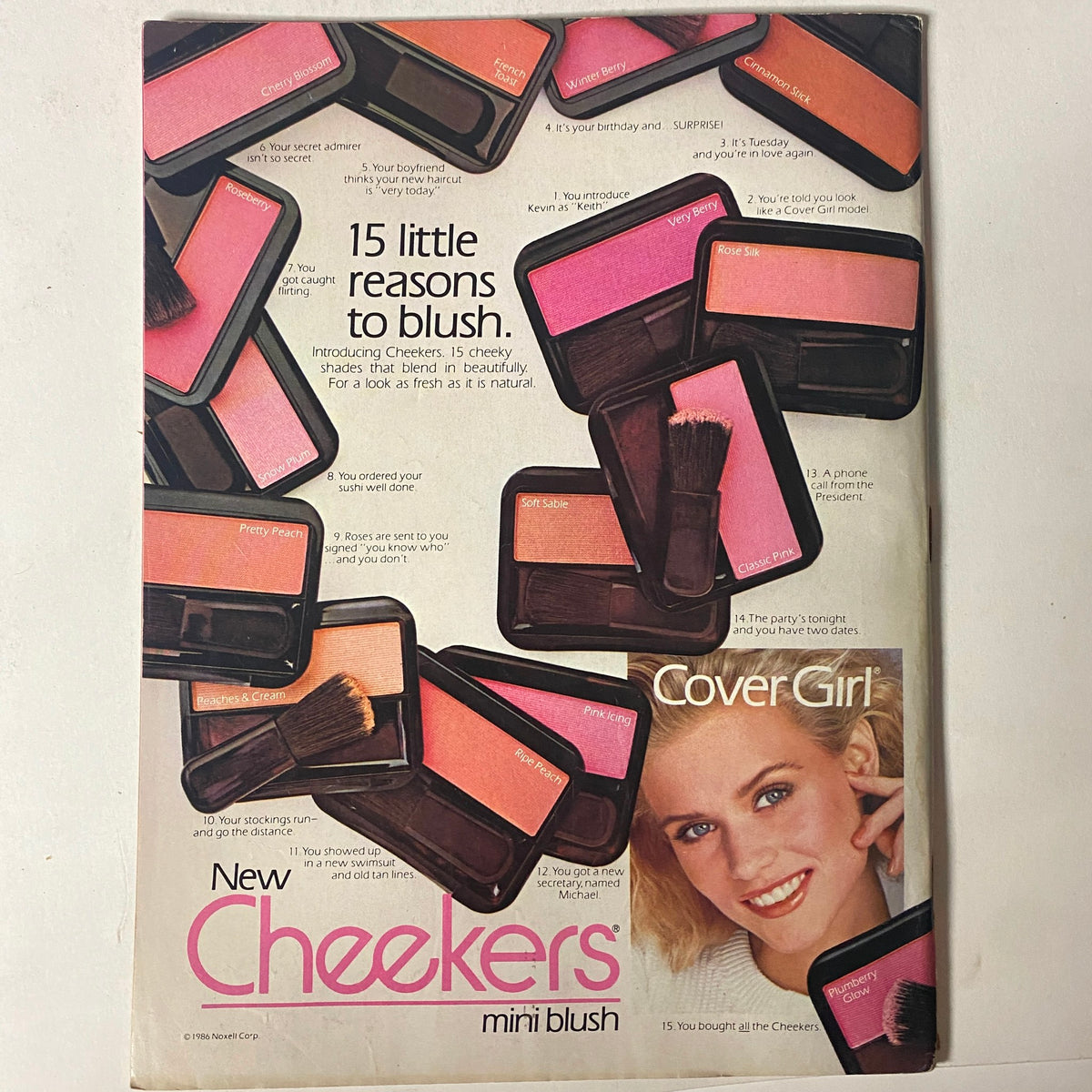Back cover of ’Teen Magazine December 1986, advertising CoverGirl's new Checkers mini blush with vibrant pink shades and a model demonstrating the product.