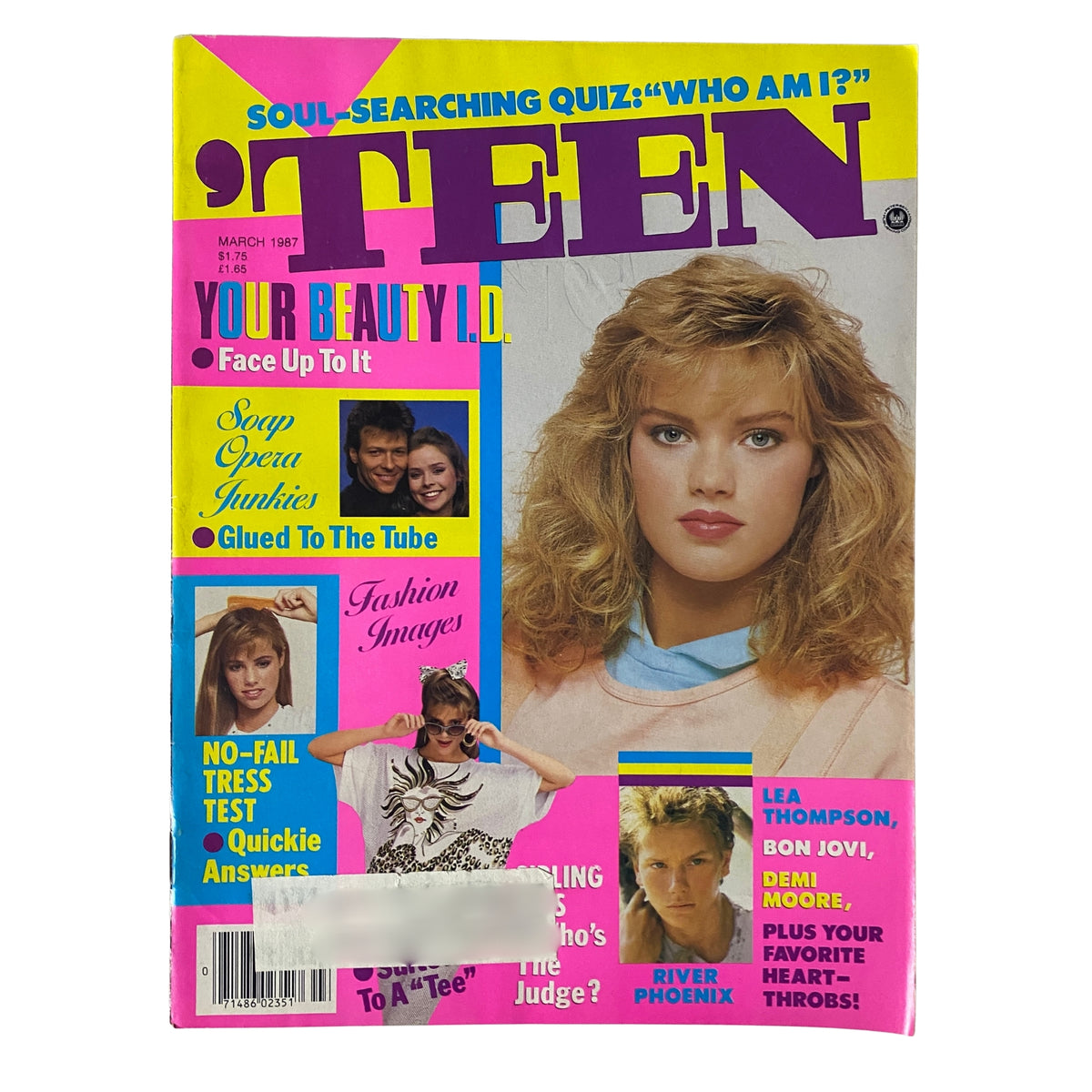 'Teen Magazine March 1987 cover featuring Lea Thompson, Bon Jovi, Demi Moore, and River Phoenix. Focuses on youth culture with articles on beauty, fashion, and lifestyle.