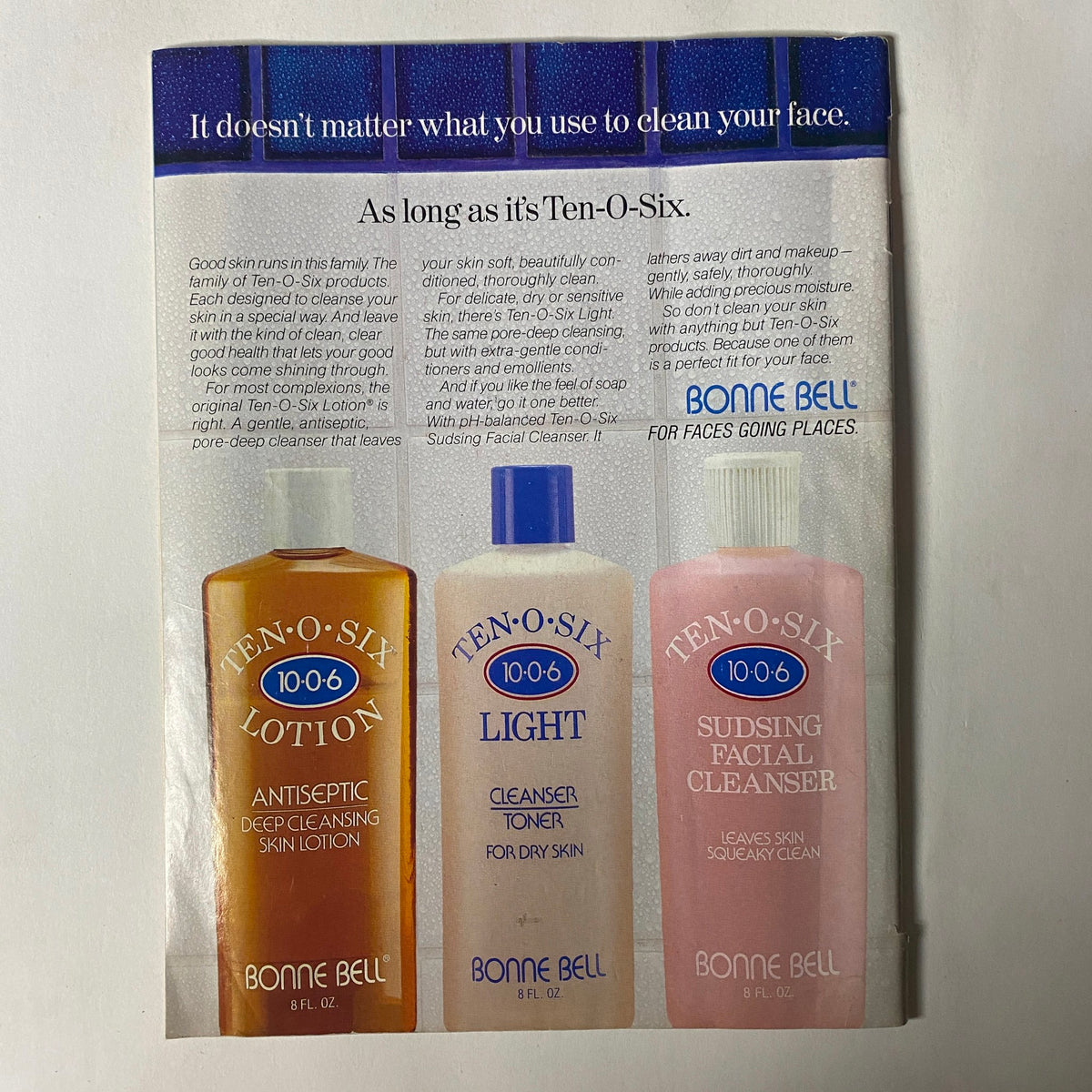 Advertisement for Bonne Bell skin care products from Teen Magazine July 1986 Vol 30 No. 7, featuring Ten-O-Six Lotion and Cleanser with a focus on skin care for teens.