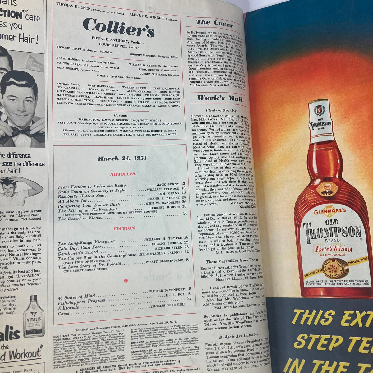 Interior page of VTG Collier's Magazine, March 24, 1951, showcasing articles and menu for the issue alongside an advertisement.