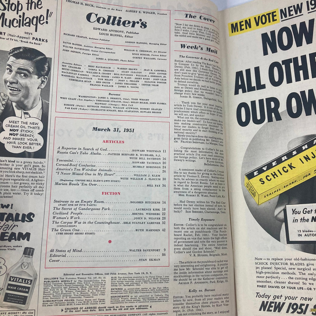 Inside page of VTG Collier's Magazine March 31, 1951, listing articles and features, including 'A Reporter in Search of God' by Howard Whitman.
