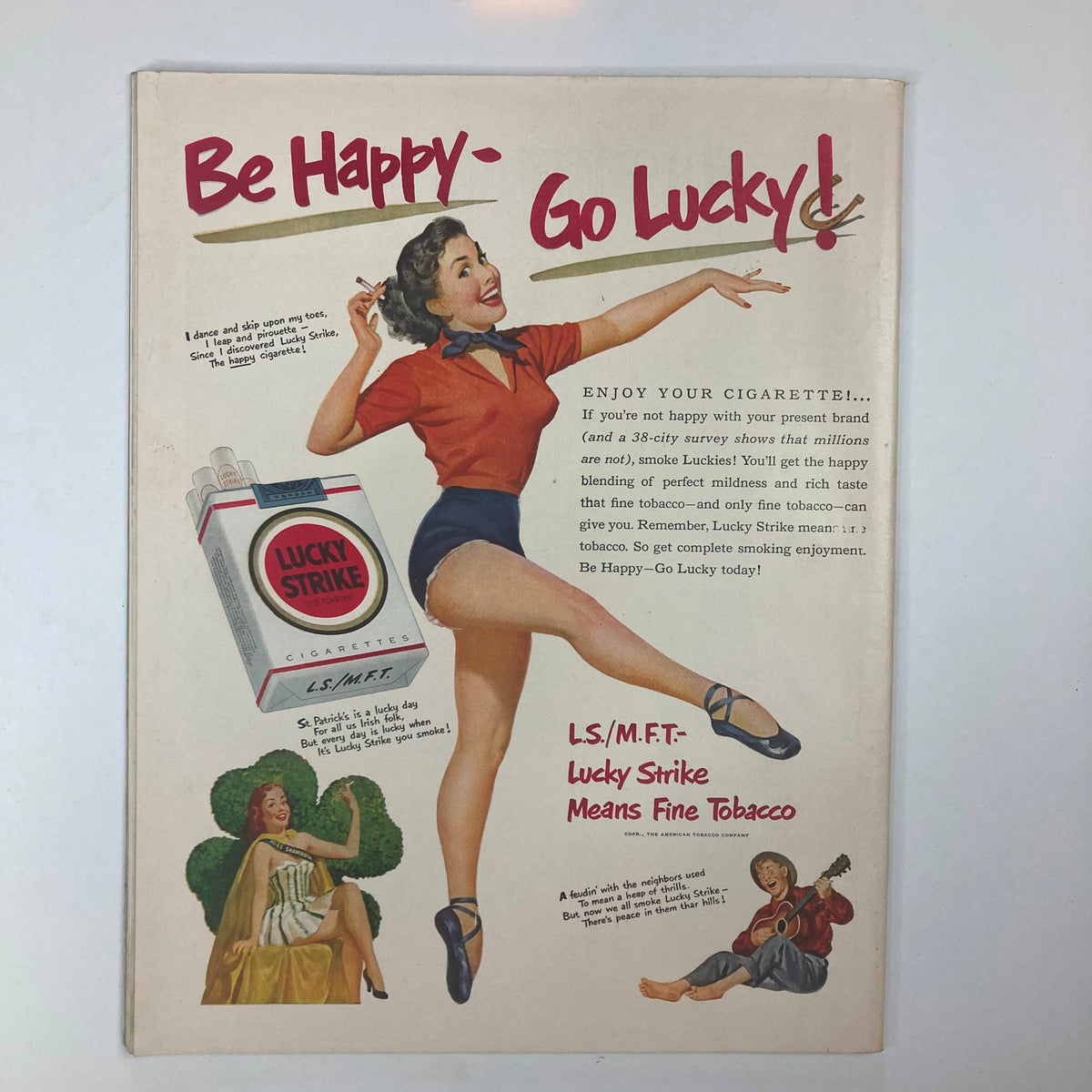 Vintage advertisement from VTG Collier's Magazine March 31, 1951, promoting Lucky Strike cigarettes with illustrations of a dancing woman.