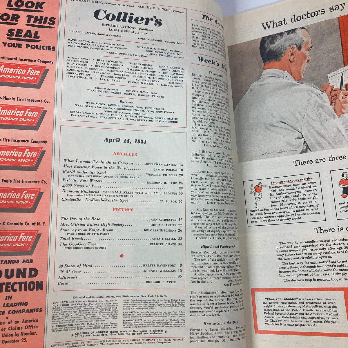Interior pages of VTG Collier's Magazine April 14 1951 showing the table of contents and featured articles, emphasizing its historical significance.