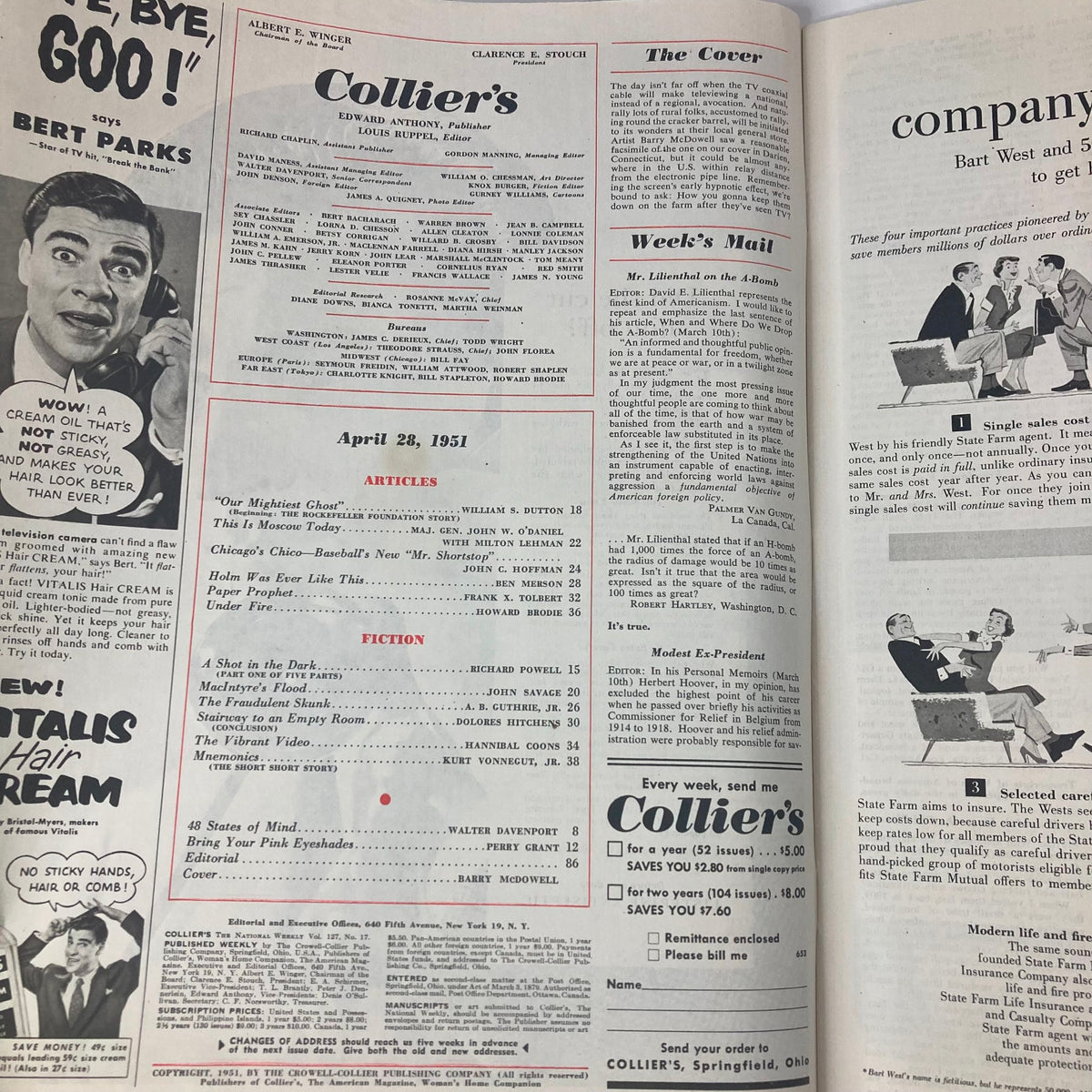 Inside page of VTG Collier's Magazine April 28 1951 Vol 127 No. 17 displaying article listings and advertisements.