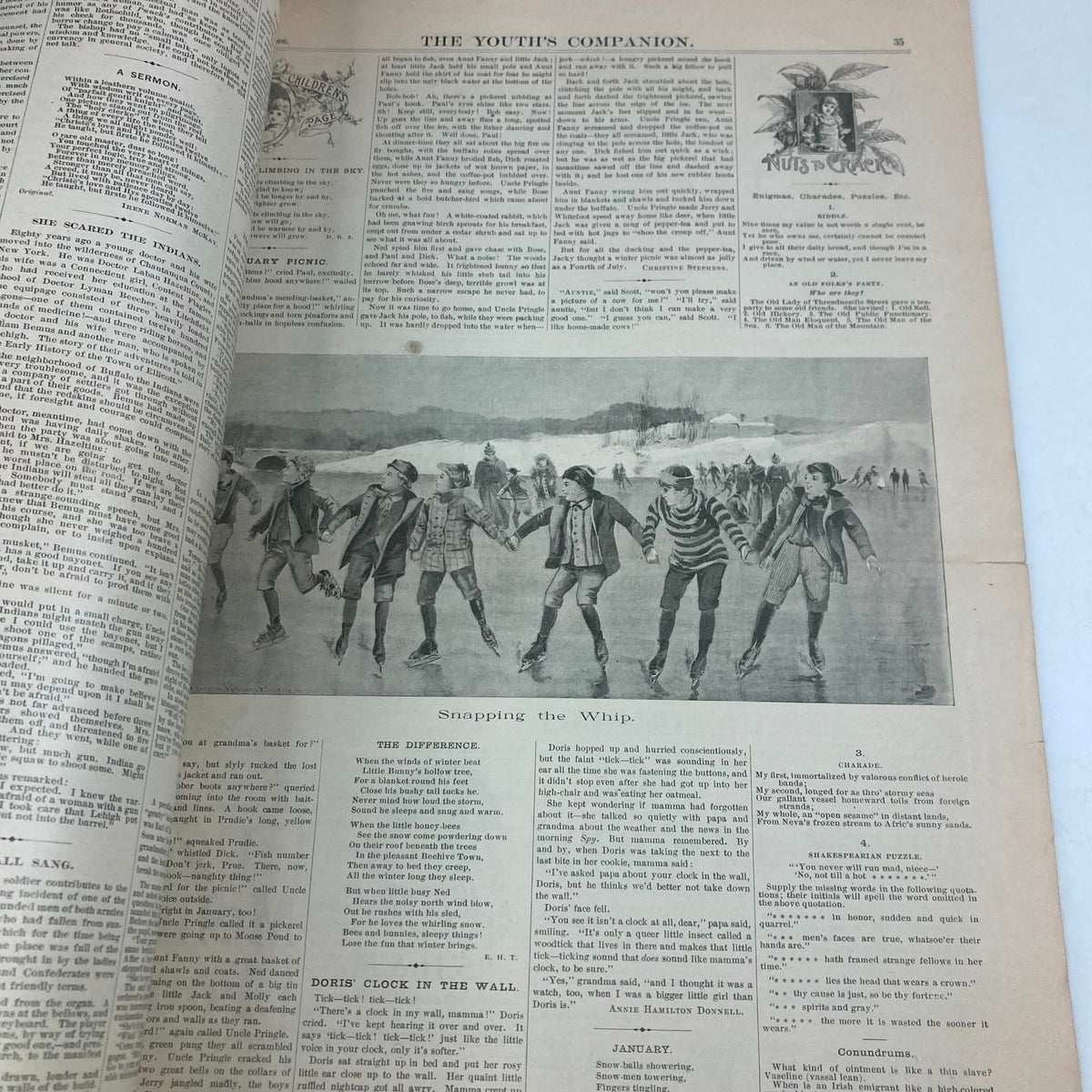 Inside page of VTG The Youth's Companion Magazine January 17, 1895 showcasing articles and a vintage illustration of children playing 'Snapping the Whip' on ice.