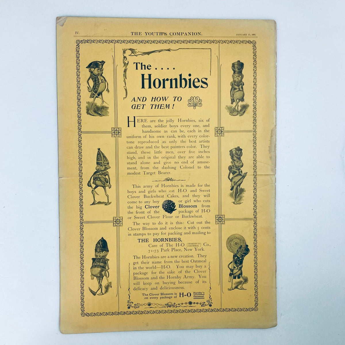 Back cover of VTG The Youth's Companion Magazine January 17, 1895, advertising a story titled 'The Hornbies and How to Get Them' with detailed illustrations.