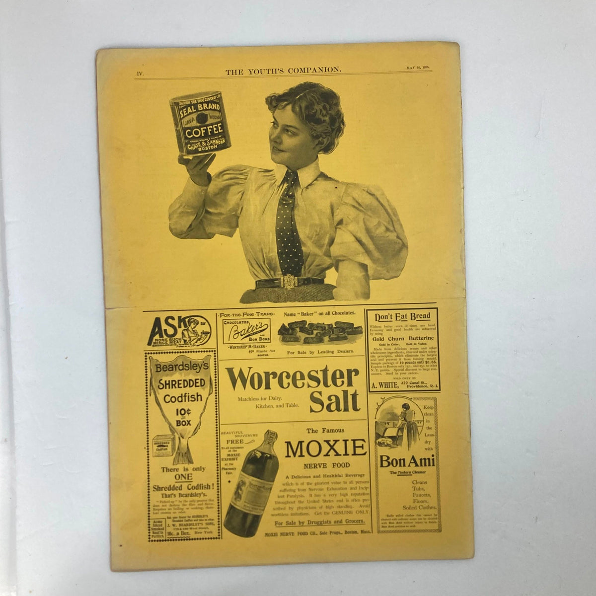 Second page of VTG The Youth's Companion Magazine from May 16, 1895, displaying advertisements and a vintage illustration of a woman holding a coffee can.