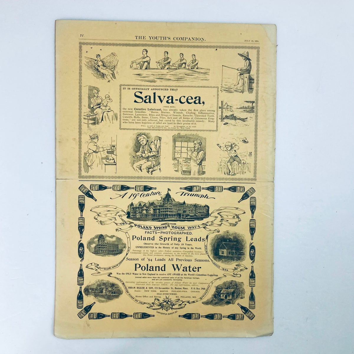 Interior page of VTG The Youth's Companion Magazine from July 19, 1894, displaying advertisements and illustrations, reflecting the cultural interests of the era.