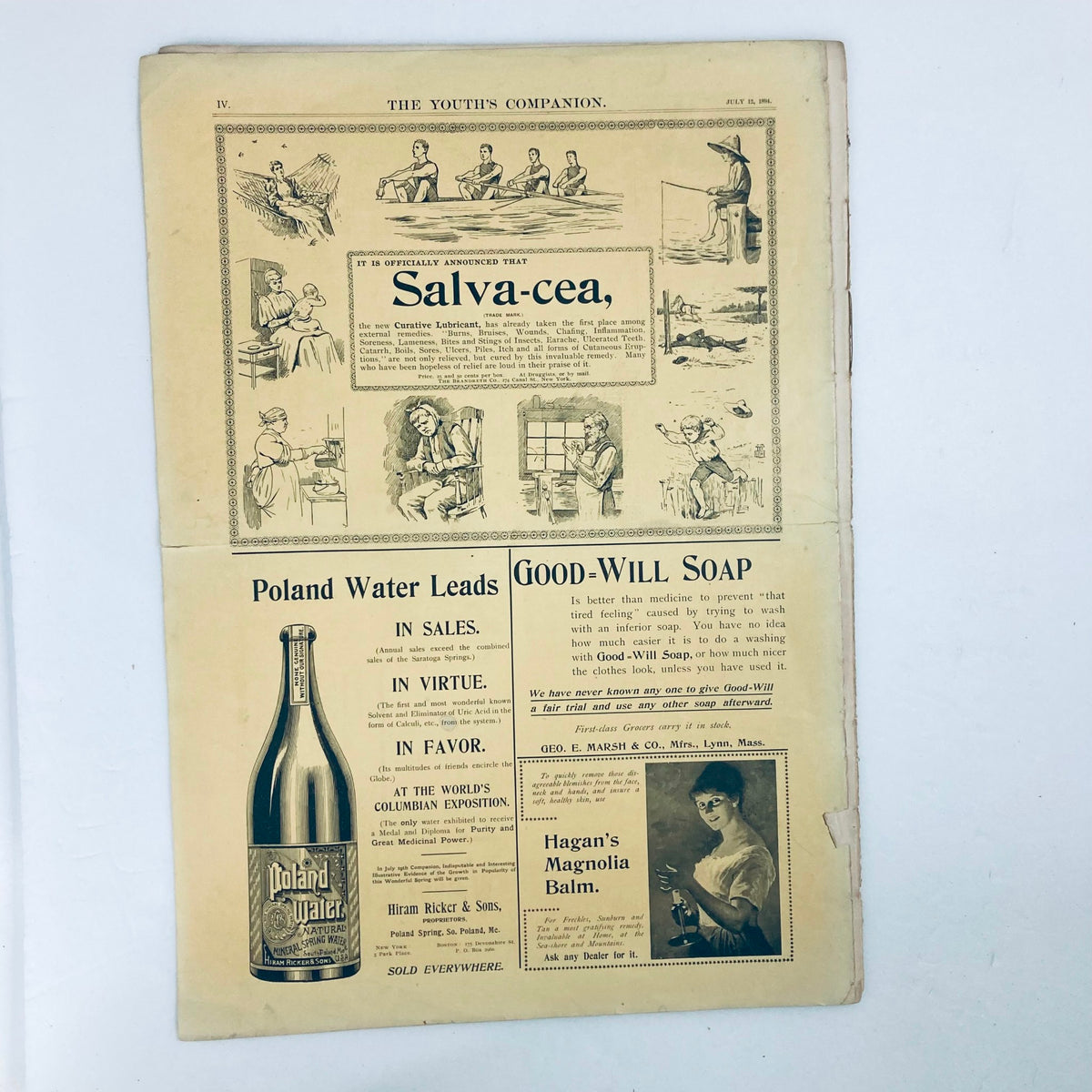 Inside page of VTG The Youth's Companion Magazine July 12, 1894, showcasing advertisements and illustrations related to Salva-cea, Poland Water, and Good-Will Soap.