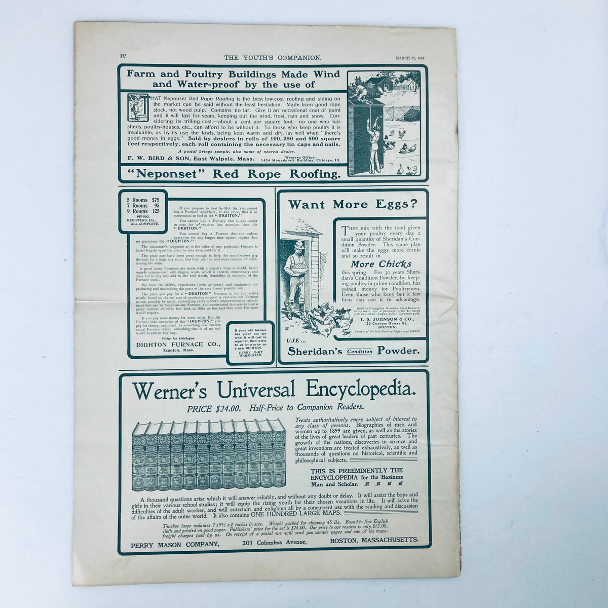 Interior page of VTG The Youth's Companion Magazine, March 21 1901 showcasing advertisements and content from the early 20th century, rich in historical context.